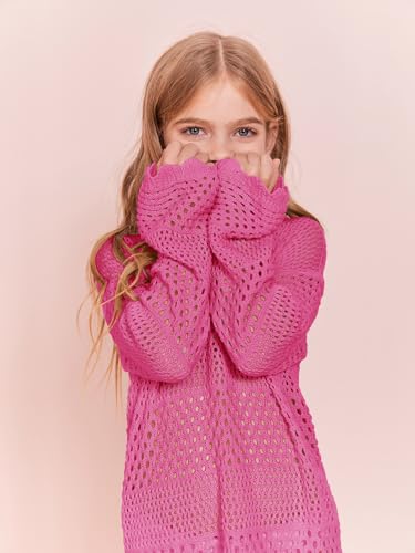 Image of Batermoon Girls Crochet Long Sleeve Swimsuit Cover Up Kids Fashion Hollow Out Swimwear Beach Dress 5-14 Years