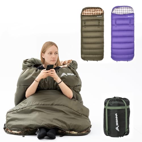 BISINNA Sac de Couchage 3 Saisons XXL en Flanelle avec Oreiller pour Adultes Chaud et imperméable pour la randonnée, Le Camping intérieur et extérieur,...