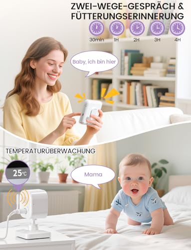 OBVHNUA Babyphone mit Kamera 720P IPS Video Babyphone ohne WLAN mit 2000mAh Akku Digitale Zoomfunktion Nachtsicht Temperatur-Alarm Zwei-Wege-Audio Schlaflieder VOX-Modus