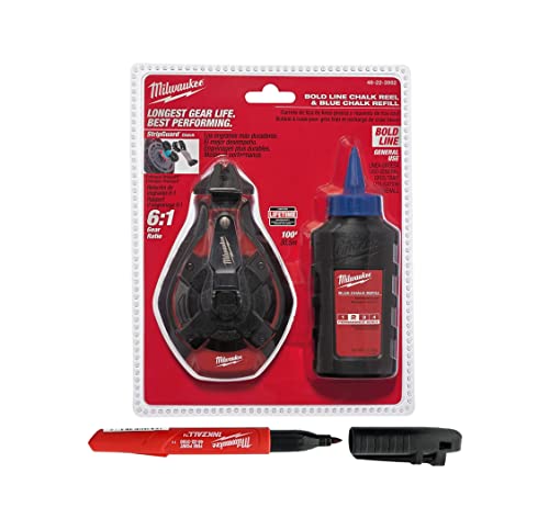 Milwaukee 48-22-3982 100 Ft. Bold Line Chalk Reel w/ Strip Guard Gearbox (3 Oz. of Red Chalk and Bonus Inkzall Fine Point Job Site Carpentry Marker Included)