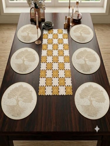 Image of Dakshya Industries PVC Waterproof Round Table Placemats & Table Runner Combo | 6 Round Mats (38 x 38 cm) + 1 Runner (91 x 33 cm) | Heat Resistant, Washable, Non Slip (Vellora)