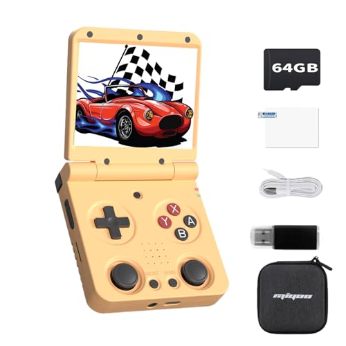 2025 New Miyoo Flip V2 Handheld Game Console 64GB,3.5-inch 640*480 IPS Screen 3000mAH Battery Portable Video Gaming Console with Storage Case retroid Pocket flip 2 Retro Gaming Console Yellow