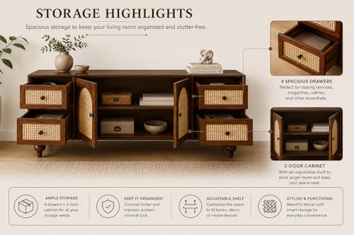 Image of Premium Solid Wood, 10 Minutes Assembly (Legs Only), Aesthetic Rattan Doors, Mid Century Entertainment Center for Living Room, TV Stand for 65 inch TV, Dark Chocolate (Walnut Brown)