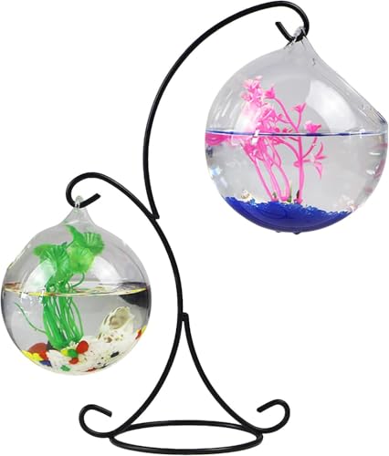 Dlwk デスクトップ吊り下げ式金魚鉢 ガラス製金魚鉢 鉄製フックスタンド付き 透明ミニ水槽 オフィス ホームテーブル 水耕栽培 花瓶 装飾