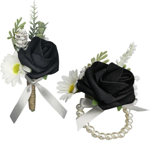 Corsage and Boutonniere Set Artificial Flower Wrist Corsage and Boutonniere for Men Groom Groomsmen Bride Bridesmaids Wedding Prom Suit Decorations (1 Black)