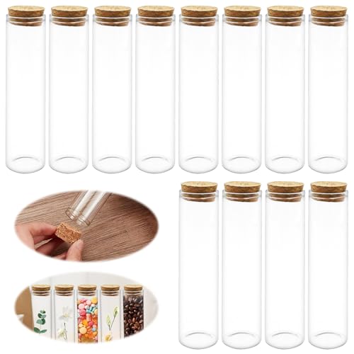 WYYFXY® 12 tubes à essai en verre avec bouchon en liège, petits bocaux en verre avec couvercle, base plate, 30 x 120 mm, 60 ml, tubes à essai pour fleurs, bonbons,...