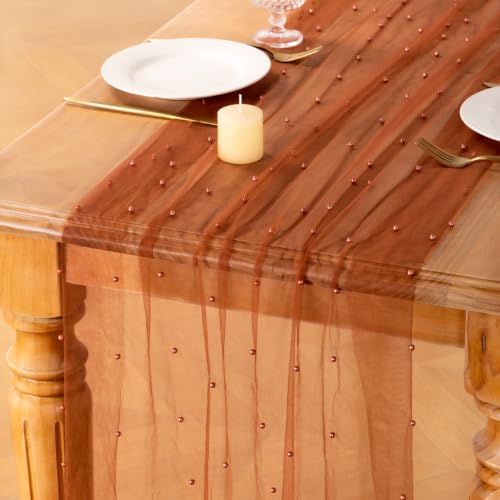 Image of MLMC Terracotta Pearl Table Runner Sheer Tulle Gauze Table Runner 10Ft