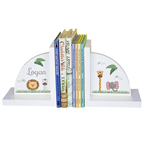 Personalized Neutral Jungle Safari Animals White Wooden Bookends