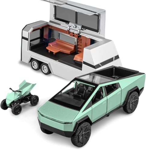 Image of 1:32 Scale Die-Cast Tesla CyberTruck with Pick-Up Trailer with 6 Openable Doors Pull Back Toy Car with Lights & MusicToy Car Gift for Kids (1:32 Cybertruck Trailer - Green)