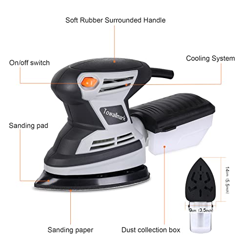 Detail Sander Towallmark 15,000 Opm Compact Electric Sander With 12Pcs Sandpapers,Efficient Dust Collection System, Multi-Function Hand Sander For Woodworking (1.7A, Grey) #TOP5