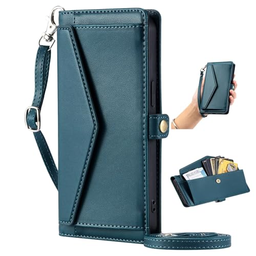 HAOFUGUI Funda para Samsung Galaxy J6 Prime / J6+ / J610, Elegante PU con Porta Tarjetas Soporte PU Cuero Cierre Magnético y Correa Larga/Corta Carcasa, Premium Flip Antigolpes Case-Verde