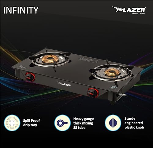 Image of Lazer Infinity Slim Toughened Glass ISI Certified, Brass Manual gnition Stove Ergonomic Knob with 1 Year Warranty Pan India Service (Black)