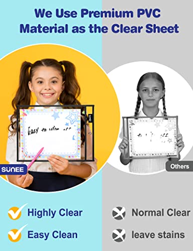 SUNEE 30 Packs Oversized Reusable Dry Erase Pocket Sleeves with 2 Rings, Black 10x14 Ticket Holders, Clear Plastic Sheet Protectors, Teacher School Classroom Supplies - Thumbnail 4