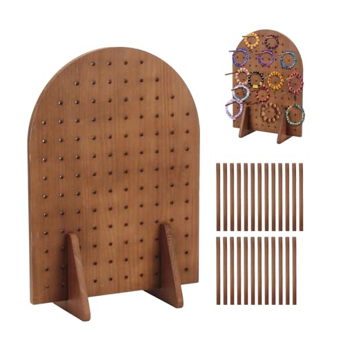 Wooden Pegboard Display Stand with 25 Pcs Dowel Rods, Pegboard Accessories Rack, Keychain Jewelry Display Stand for Vendors, Oval Pegboard Stand for Jewelry, Craft Shows, Necklace Pin, Earring (Brown)