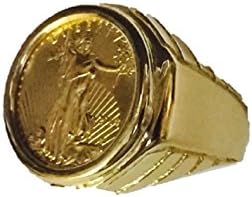 TEX 22K Fine Gold 1/10 Oz Lady Liberty Coin In Heavy 14K Yellow Gold Mens Ring 1375(Random Year Coin)