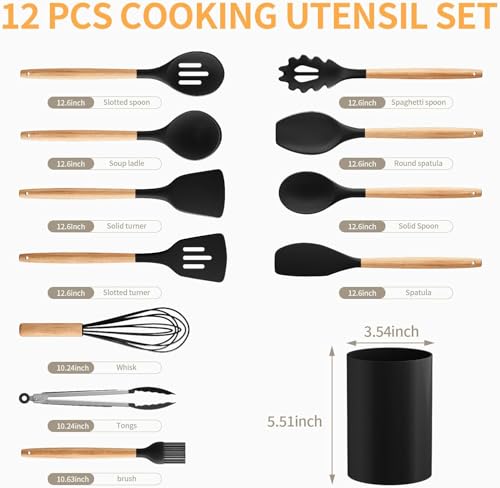 Image of Elmvia Silicone Cooking Utensil Set,12 PCS Cooking Kitchen Utensils Set, Nonstick Kitchen Utensils 446F Heat-Resistant Cookware Kitchen Tools of Spoon,Brush,Whisk,Spatula,Turner Tongs (Black)