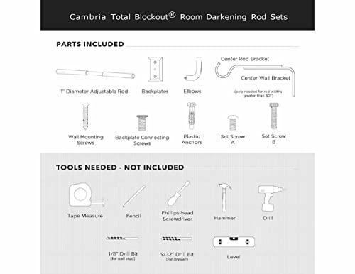 Cambria® Total Blackout Room Darkening Curtain Rod, 5/8" Diameter Blackout Curtain Rods With Farmhouse Backplate And Wrap Around Brackets, Fits 72" To 120" Windows, Weathered White #TOP1