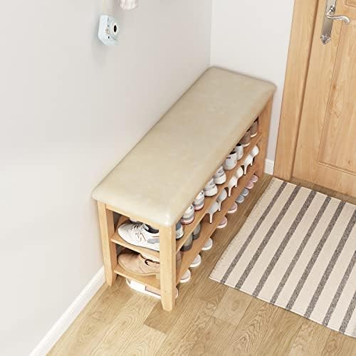 KungFuWood Shoe Rack with Seat, Solid Wood Shoe Bench with Adjustable Floorboard Heights, Sturdy and Comfortable Cushioned Shoe Storage with Seat for Entryway, Living Room, Hallway, Wooden Colors