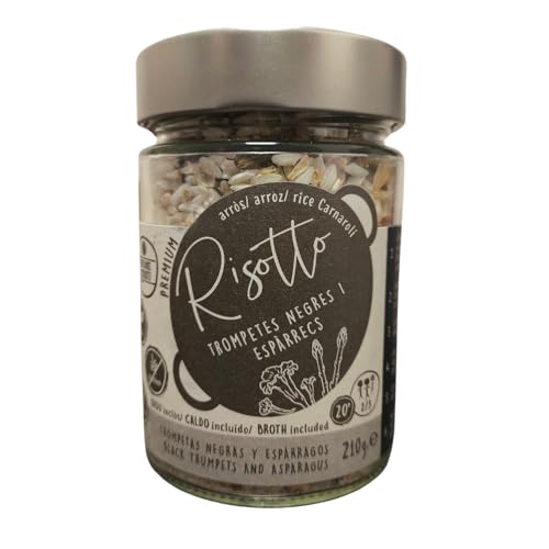 Risotto de Trompetas Negras con Esparragos - Arroz Carnaroli Premium 210 Gr - Bote de Cristal con Instrucciones - Vegano, Sin Gluten y Lactosa, Para 2/3 Comensales