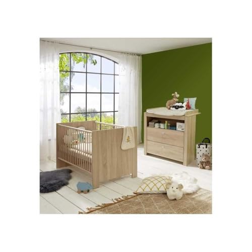 trendteam smart living - Olivia - Babyzimmermöbel-Set (Babybett [143x83x78cm] + Wickelkommode [96x104x69cm]) - Eiche Sägerau - silberfarbene Knopfgriffe - Kratzfest
