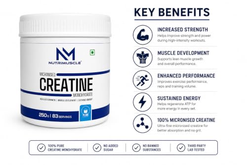 Image of NUTRIMUSCLE Creatine Monohydrate Micronised Powder | Unflavoured | Muscle Strength, Size & Performance | Faster Absorption | Pre & Post Workout Supplement | 250g