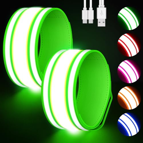 Samlior LED Armband for Running 2 Pack, 5 Colors 3 Lights Modes Rechargeable Reflective Arm Bands, High Visibility Reflective Gear for Running Walking Cycling at Night (Green)