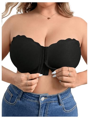 Image of OYOANGLE Women's Plus Size Front Closure Push Up Strapless Bandeau Bra Wireless Tube Bralettes with Clear Strap