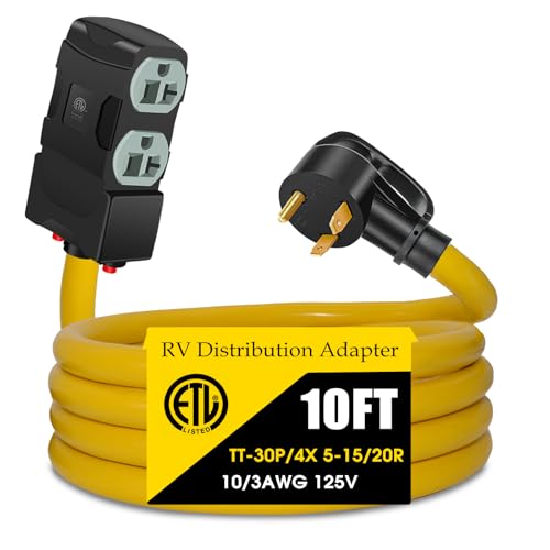 LAZMUMI 30 Amp to 20 Amp 110V RV Distribution Adapter, NEMA TT-30P to 4 X 5-20R/15R RV Generator Distribution Cord, Built-in Circuit Breaker, ETL Listed (10FT) by LAZMUMI - Used condition - US$49.89