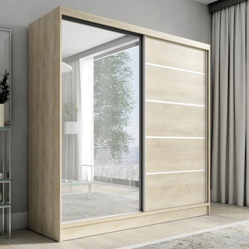 A&J MöbelLand Schwebetürenschrank Nero Kleiderschrank 2-türig mit Schubladen und Spiegel, Garderobe 200 cm (Sonoma)