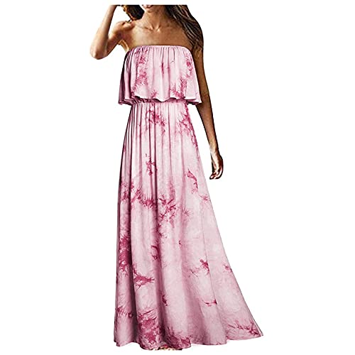 OutTop01 Women's Off Shoulder Wrap Maxi Dress Summer Casual Strapless Ruffle Beach Long Dresses Boho Floral Sundress (#01-Pink, XL)