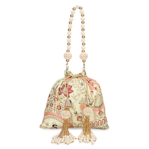 LONGING TO BUY Bolsa de pérolas étnicas indianas e sequência para mulheres, bolsa de potli de casamento e para uso étnico, Pavão - verde claro, Medium