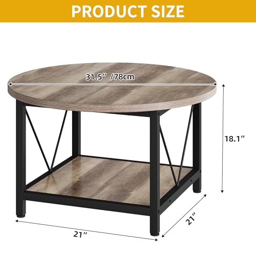 DWVO Round Coffee Tables for Living Room, Small 2 Tier Circle Coffee Table with Storage Open Shelf, Rustic Wooden Coffee Tables with Metal Frame Farmhouse Round Coffee Table for Home Office, Grey Wash