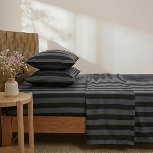 Image of Merryword 100% Cotton Sheet Set Full Size - Black and Gray Stripes Bedding, Soft Breathable Percale Weave, Wide Stripe Deep Pocket Sheet 17.5 inch, Luxury Linen Like, 4-Piece All Season Bedding