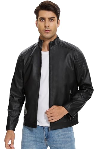 Fahsyee Faux Leather Jacket Men - Black Motorcycle Bomber Jackets Lightweight Casual Vintage Slim Fit Riding Coat2