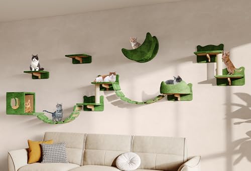 Homiflex 13-in-1 Cat Wall Shelves Wall Mounted Cats Furniture Set with Plush Fabric Cat Climbing Wall Systems Cats Shelf with Moon Hammock Condo House Step Bridge Ladder Scratching Post Green