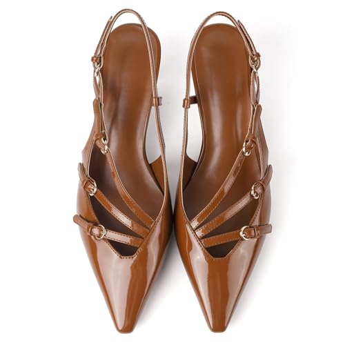 Image of CORNMOOD Stiletto Slingback Heels Pumps for Women | Glossy Patent Leather Kitten heel, Chic Dress Shoes for Modern Women, Ideal Wedding Evening Party and Work Office Outfit