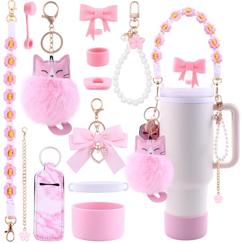 Vellibring 11PCS Stanley Cup Accessories Set for Stanley Cup 30oz 40oz Tumbler Including Water Bottle Handle Strap Silicone Cup Boot Spill Stopper Lipstick Holder Keychain Charms Straw Topper ?Pink?