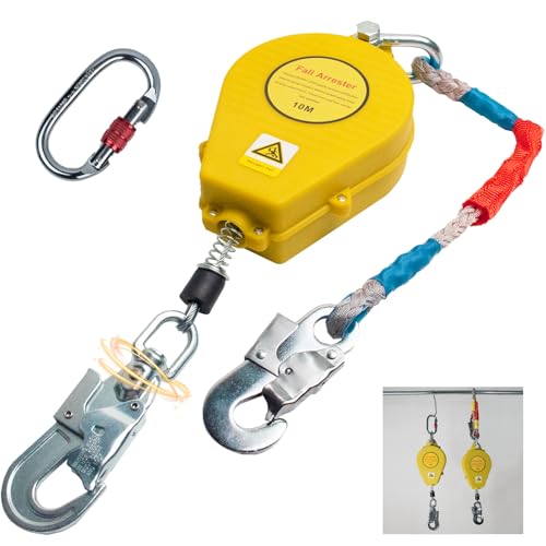 Aocay Dispositif Antichute a Rappel Automatique, Harnais de Securite Anti Chute Rétractable 10m/15m/20m, Protection Antichute Rétractable 150kg pour Travaux sur Toit et Aériens(Jaune,10 Mètres)