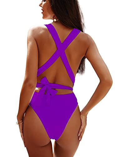 Image of Lilosy Sexy Tie Criss Cross Plunge One Piece Thong Swimsuit High Cut Brazilian Bathing Suit