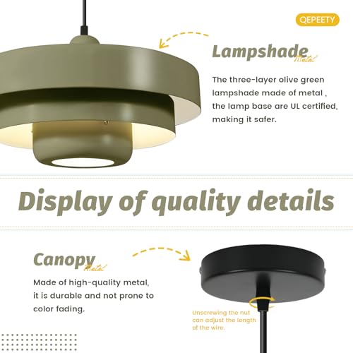 Image of 2-Pack Mid-Century Olive Green Pendant Light Fixtures, Adjustable Wire Hanging Lamps, 3-Layer Pendant Lamp E26 Base for Foyer, Bedroom, Farmhouse
