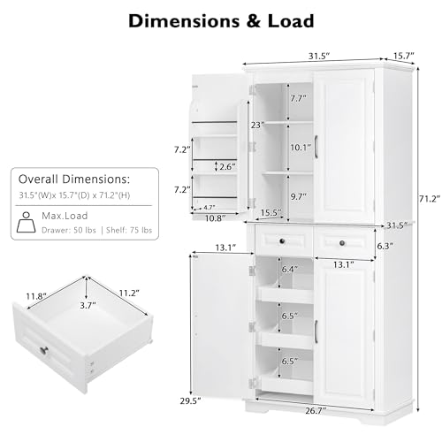 Image of Ball & Cast 71″Tall Farmhouse Kitchen Pantry Cabinet with 3 Pull Out Shelves & 2 Large Drawers,Versatile Pantryl Storage Cabinet w / 6 Door Shelf & Adjustable Shelves for Kitchen,Dining Room,White