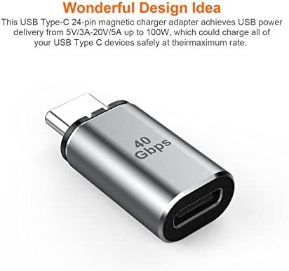 Magnetic USB C to USB C Connector Adapter. Male to Female 24-Pin Type C Converter Support 40Gbps Data Transfer, 4K@60Hz Video Output, PD 100W 5A Quick Charger Compatible for MacBook Pro Air. (Gray)