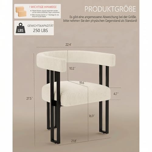 Bouclé gepolsterter Esszimmerstuhl mit Metallbeinen – Mid-Century Modern Sessel mit weicher Cord-Polsterung, stilvoller Küchenstuhl & Wohnzimmerstuhl für Esszimmer, Küche, Wohnbereich (Creme, 1 Stück)