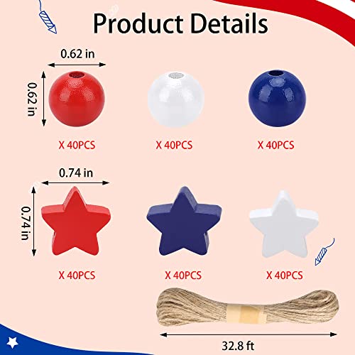 Lucleag 240Pcs Independence Day Craft Wooden Bead, Red Blue White Round Star Shaped Wooden Beads Diy Crafts Kits, Patriotic Wood Beads Ornaments With Hemp Rope For 4Th Of July Memorial Day Decoration #TOP6