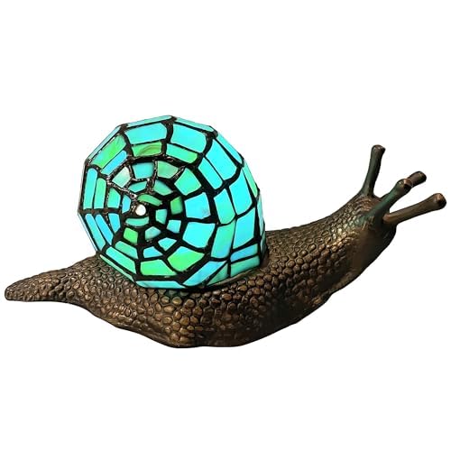 Bieye L50975 Land Snail Tiffany Style Stained Glass Accent Table Lamp for Home Decoration (Cyan, 10" D x 5" W x 5" H)