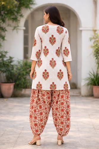 Image of Women's Cotton Floral Print Kurta Patiala Pant Set, White and Purple Traditional Indian Ethnic Wear with Damask Pattern