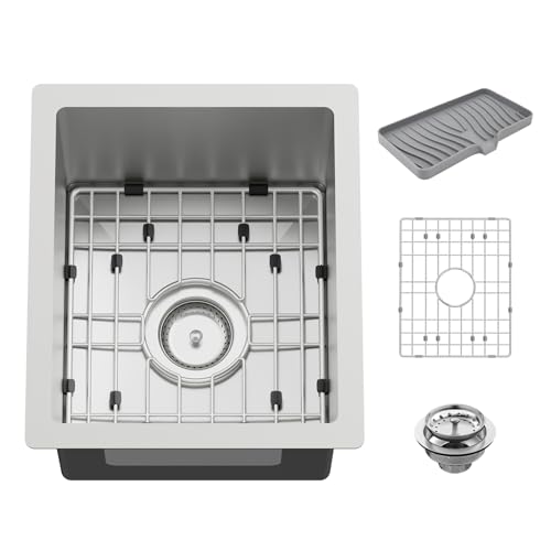 13x15In Stainless Steel Kitchen And Bar Sink - Small Undermount Single Bowl Drop In Staylish Kitchen&Bar Sink Ideal Choice For Small Space, Prep Area, RV With Bottom Grid,Soap Mat And Drain Assembly