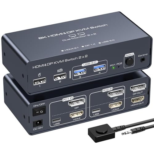 VEDINDUST KVM Switch Dual Monitor 4K60HZ Commutateurs Pour 2 Ordinateurs Partageant 2 Moniteurs et 4 Périphériques （USB C Ne Prend Pas En Charge Le Transfert Vidéo）