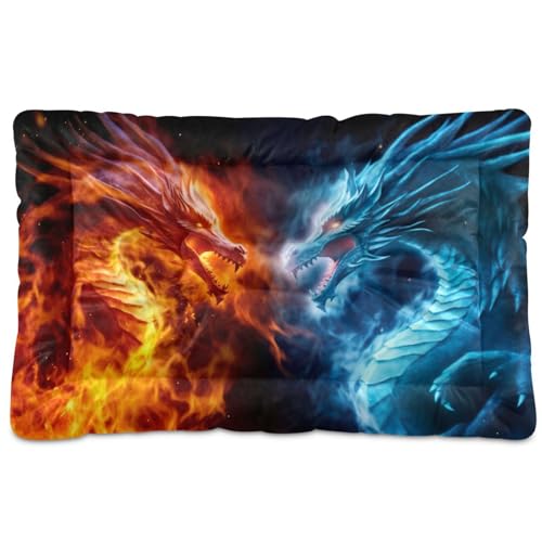 Fuauuyl Alfombrilla suave para cama de perro con diseño de dragón de fuego y dragón de hielo, lavable a máquina, con parte inferior antideslizante para dormir de perro, 61 x 45 cm