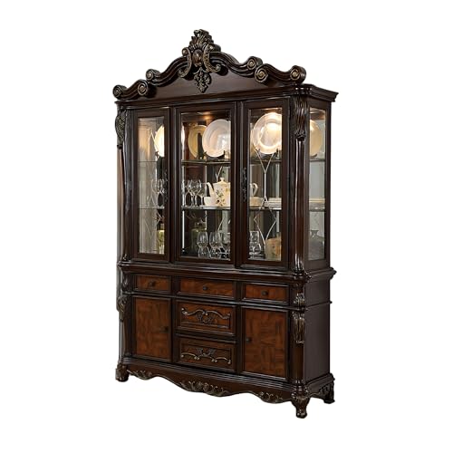 Benzara Zenie Buffet Cabinet and Hutch, Classic Carved, Solid Wood, Cherry Brown and Black
